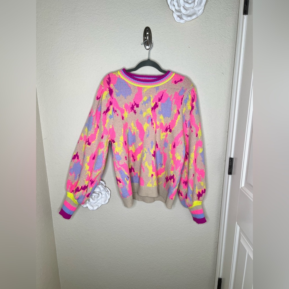 NTM Jodifl Abstract Print Sweater Neon Pink Taupe Balloon Sleeve Pullover Size L - Picture 2 of 16